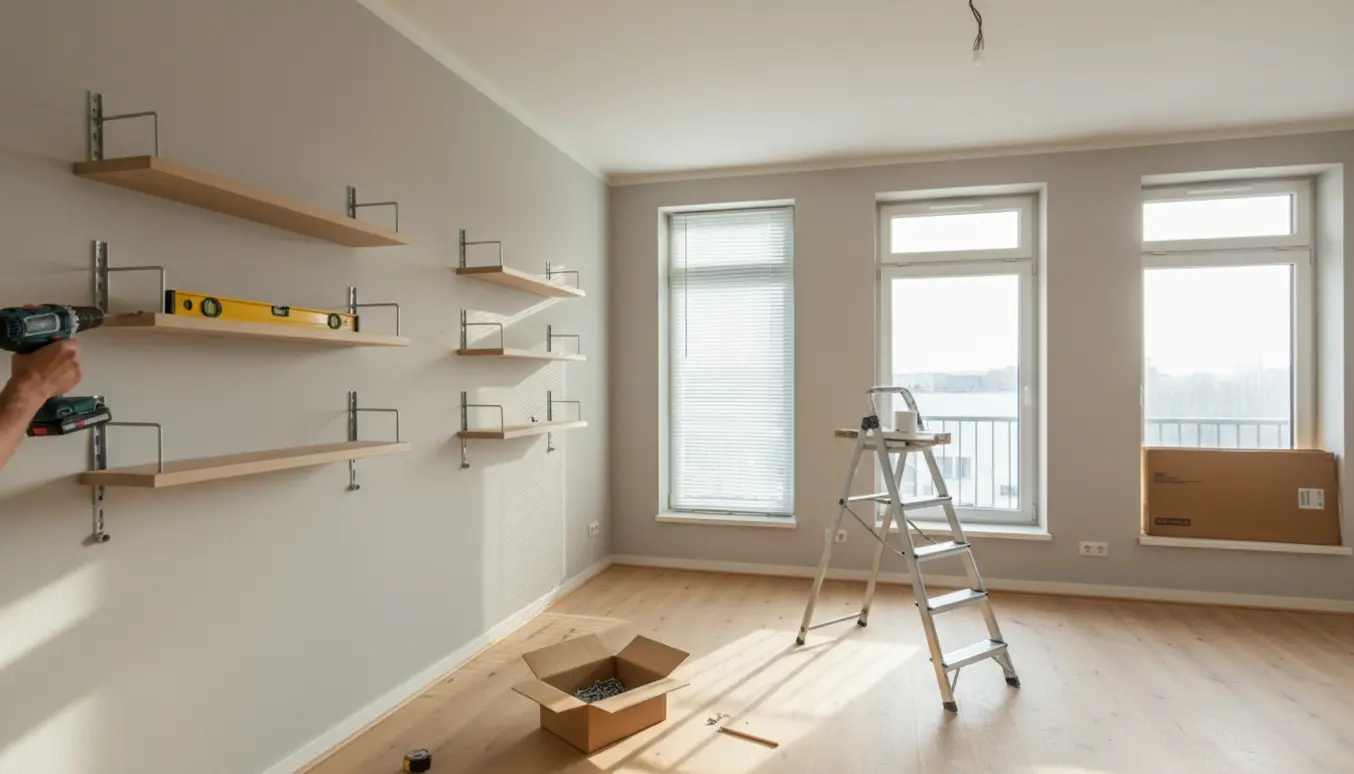 Tom lejlighed med værktøj, tre vægreoler ved at blive monteret, persienner på tre vinduer og en loftlampe klar til opsætning.