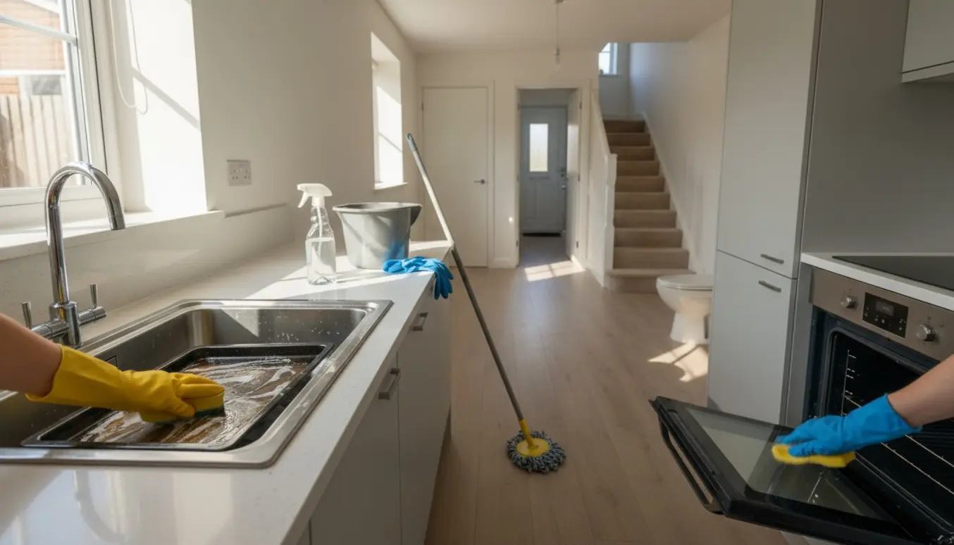 Tomt rækkehuskøkken med rengøringsudstyr og handsker, hvor ovn og bageplade bliver rengjort.