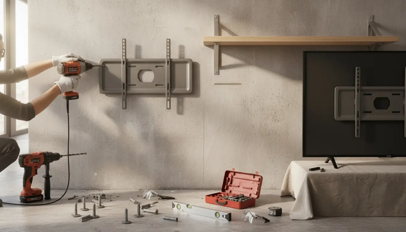 Glærd installerer vægbeslag til TV og en flydende hylde på en bærende væg med slagboremaskine og værktøj.