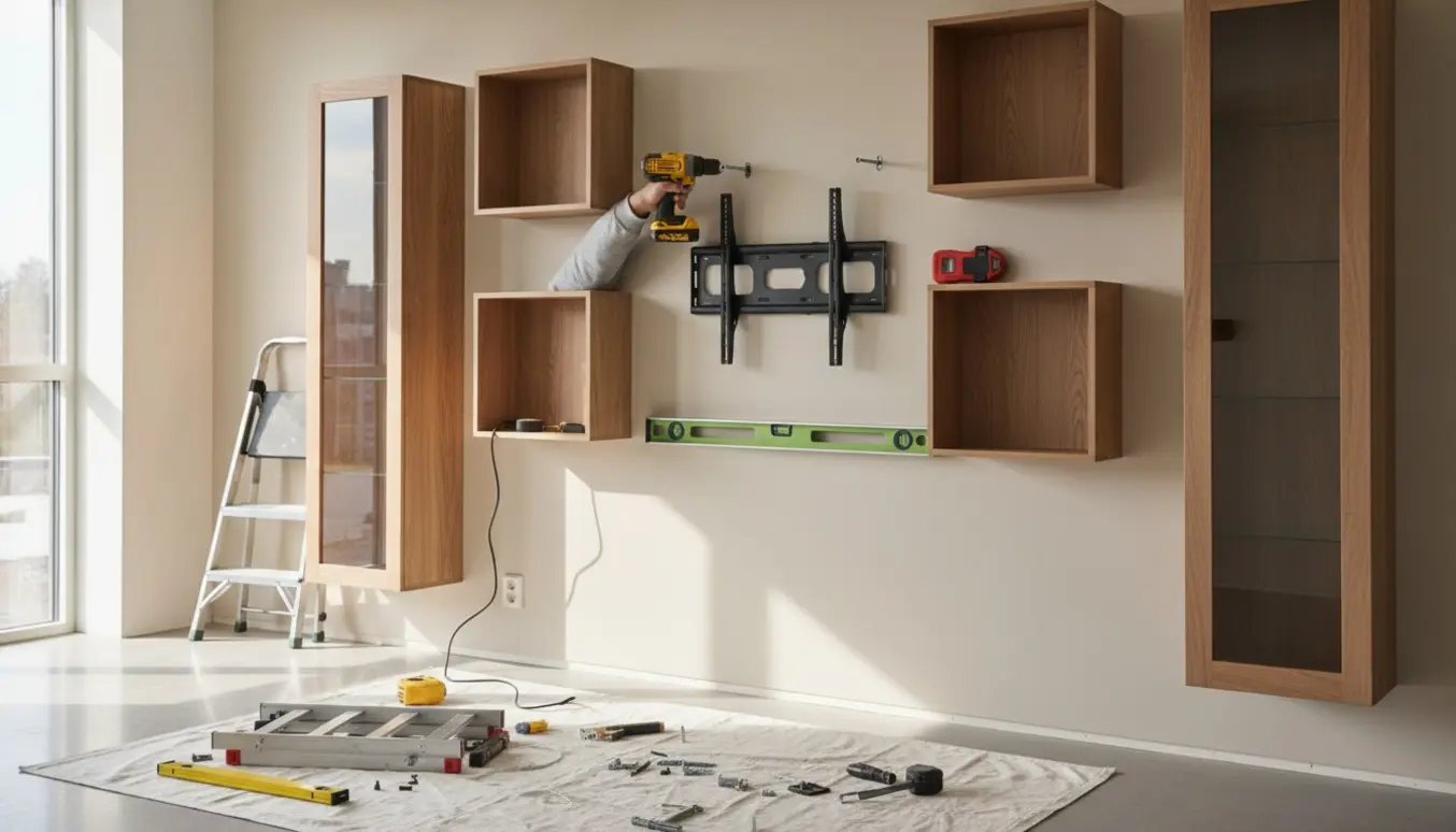 Halvmonterede Mistral-reoler og glasskabe samt et vægbeslag til et 42 tommer TV i en lys stue med værktøj.