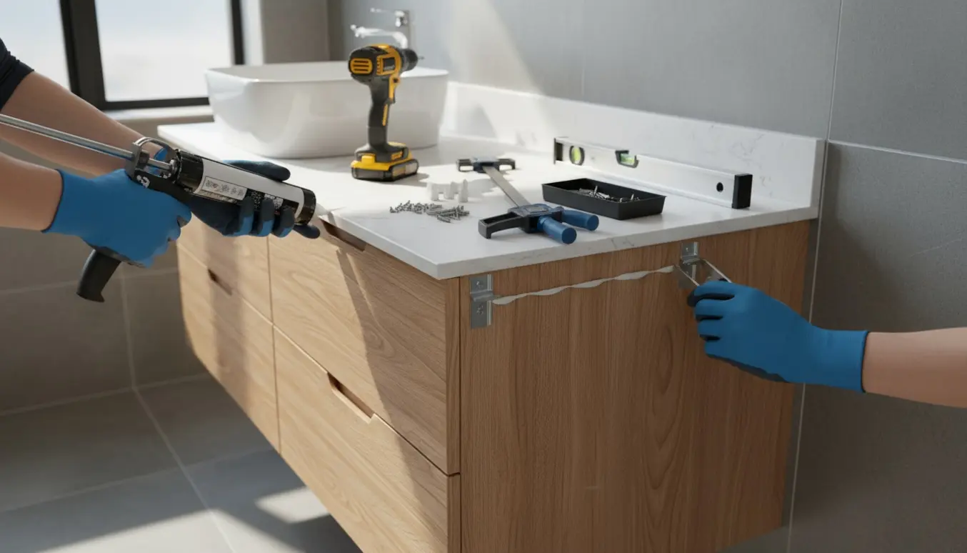 Hænder reparerer et løst badeværelsesskab med beslag, lim og skruer i et lyst badeværelse.