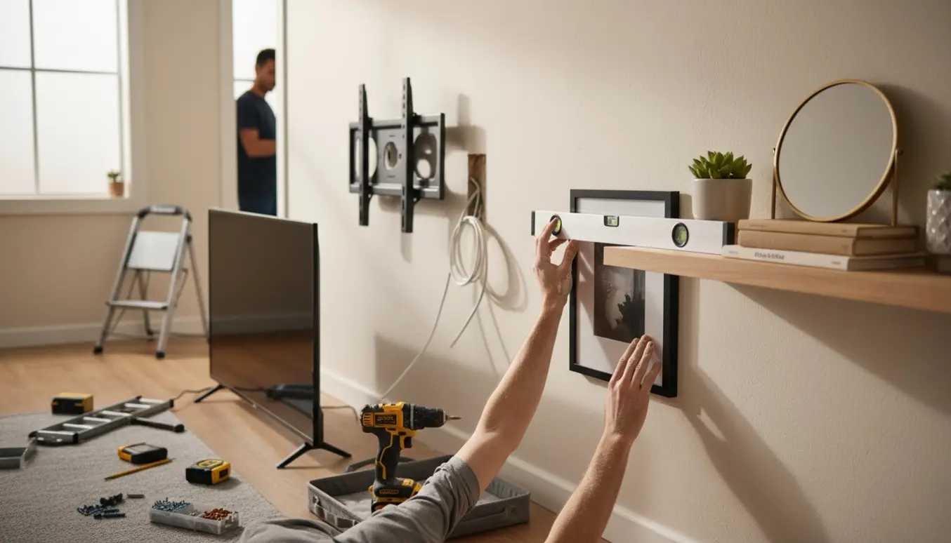 Hænder monterer billeder, spejl, tv og en hylde på en lys stuevæg med måleværktøj og værktøj.