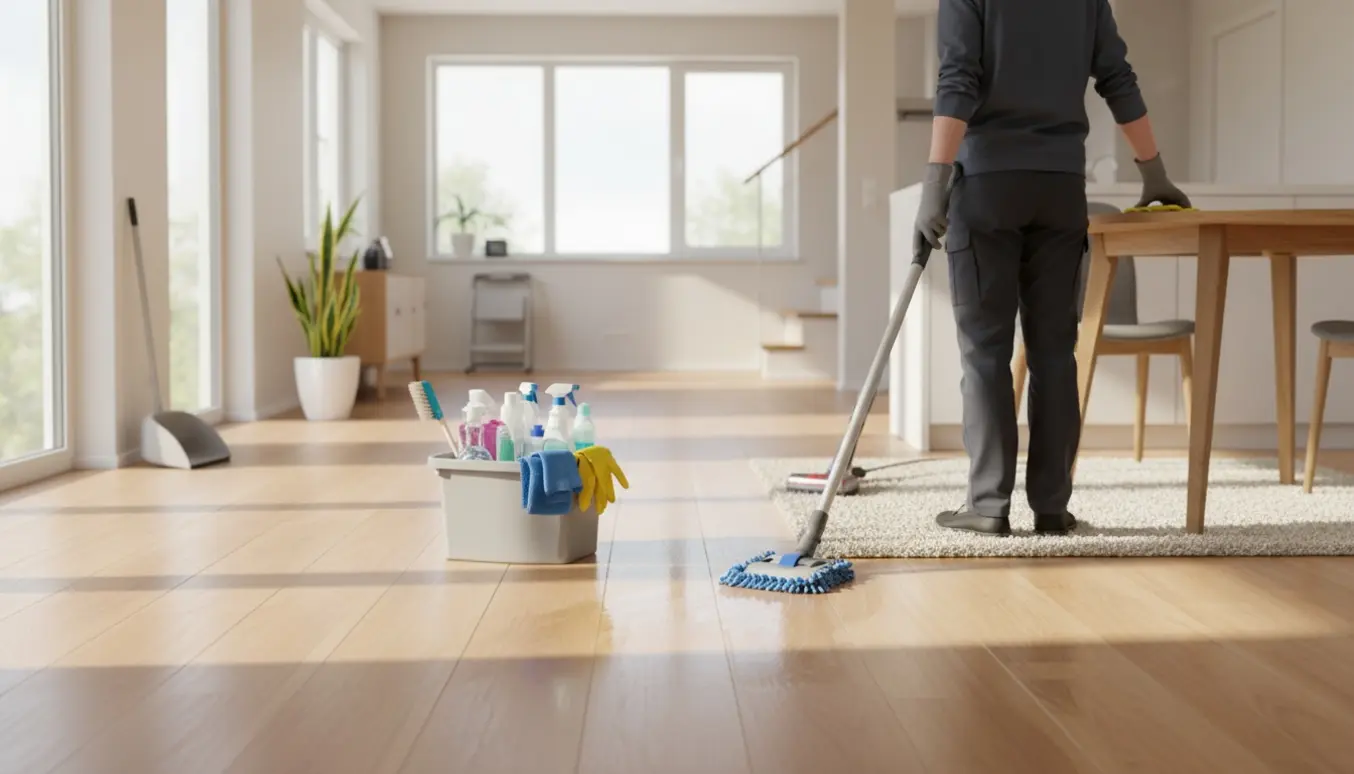 Rengøringshjælp mopper og støvsuger et lyst, moderne opholdsrum med rengøringsudstyr i en rummelig bolig.