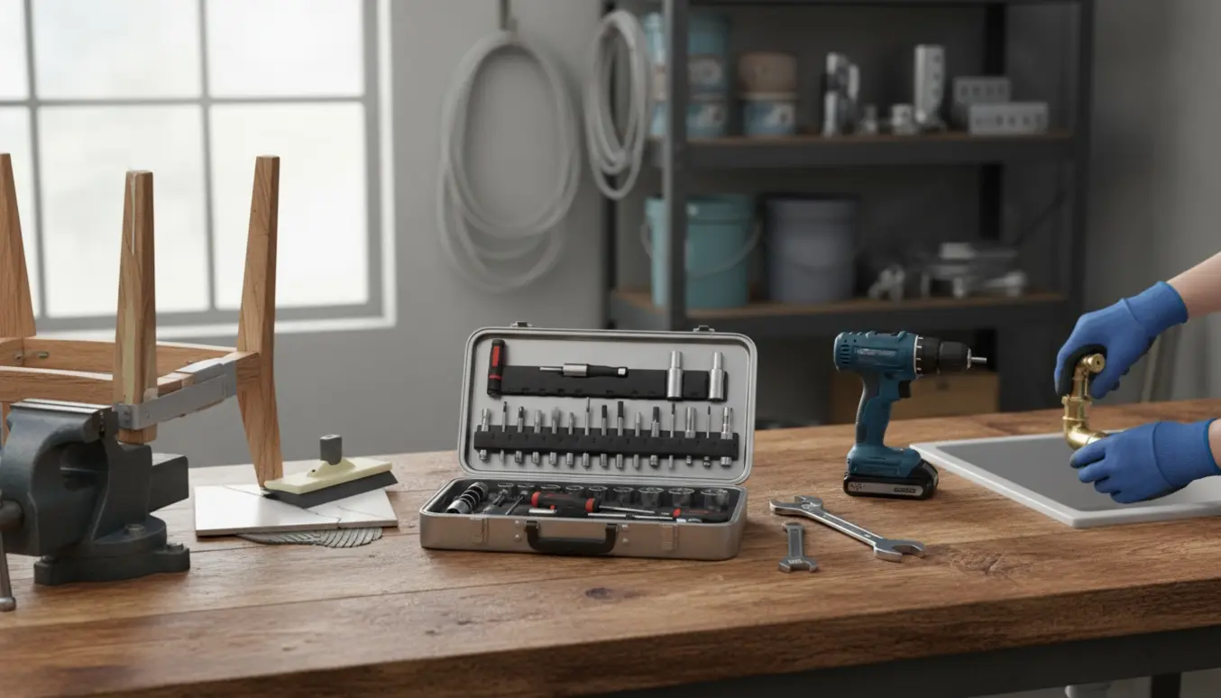 En multihåndværker ved et ryddeligt værkstedsbord med værktøj og flere små reparationer i gang.