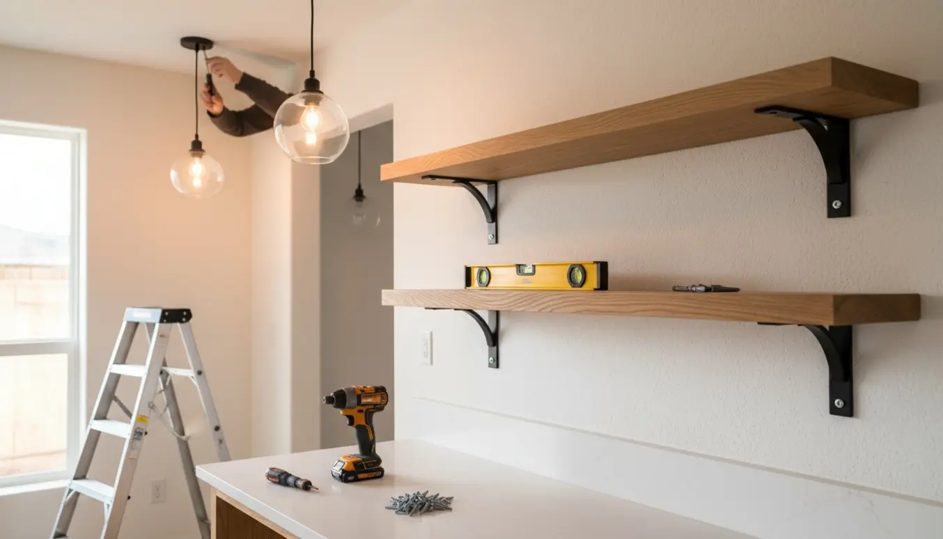 Montering af to køkkenshylder med boremaskine og værktøj, med to ophængte loftslamper i baggrunden.