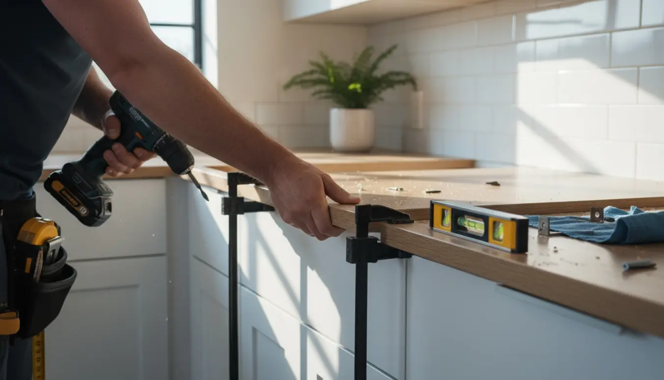 Hænder genmonterer en køkkenbordplade med bor, vinkelbeslag og skruer i et lyst køkken.
