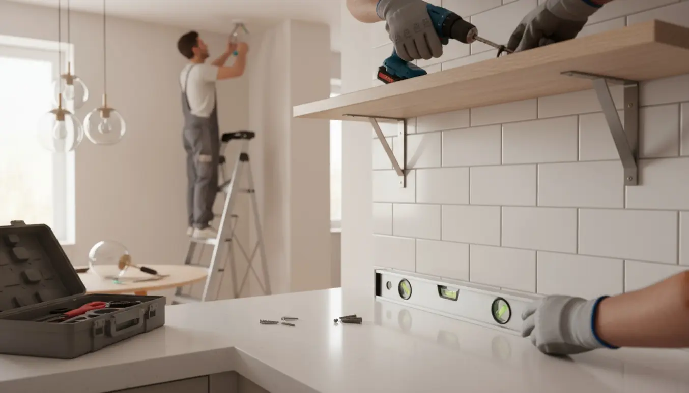 Hænder monterer en køkkenhylde med boremaskine, mens en loftslampe hænges op i baggrunden.