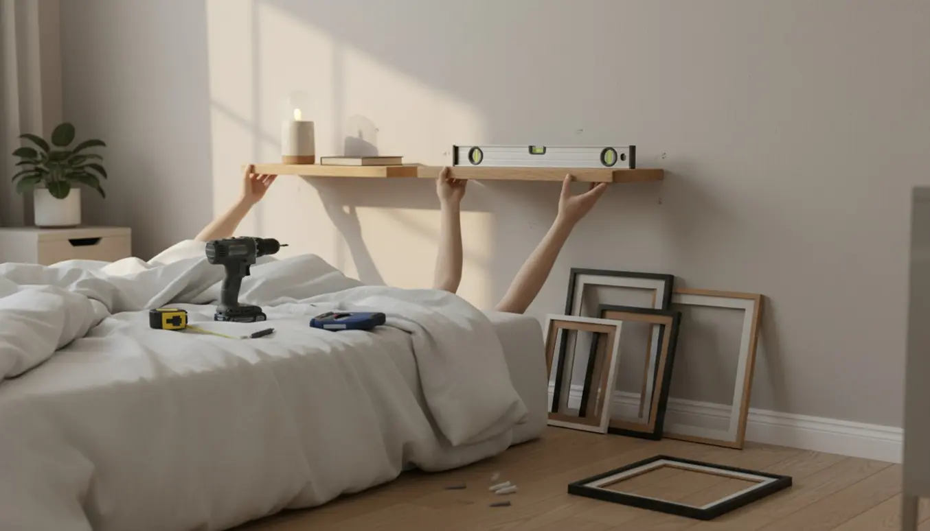 To hænder ophænger to små natborde og arrangerer 5–6 billeder på en soveværelsesvæg i blødt naturligt lys.