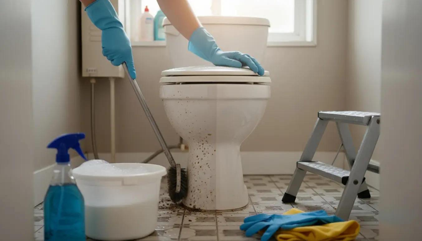 Handsker og børster rengør området bag et toilet i et lille badeværelse med spand og rengøringsmidler.