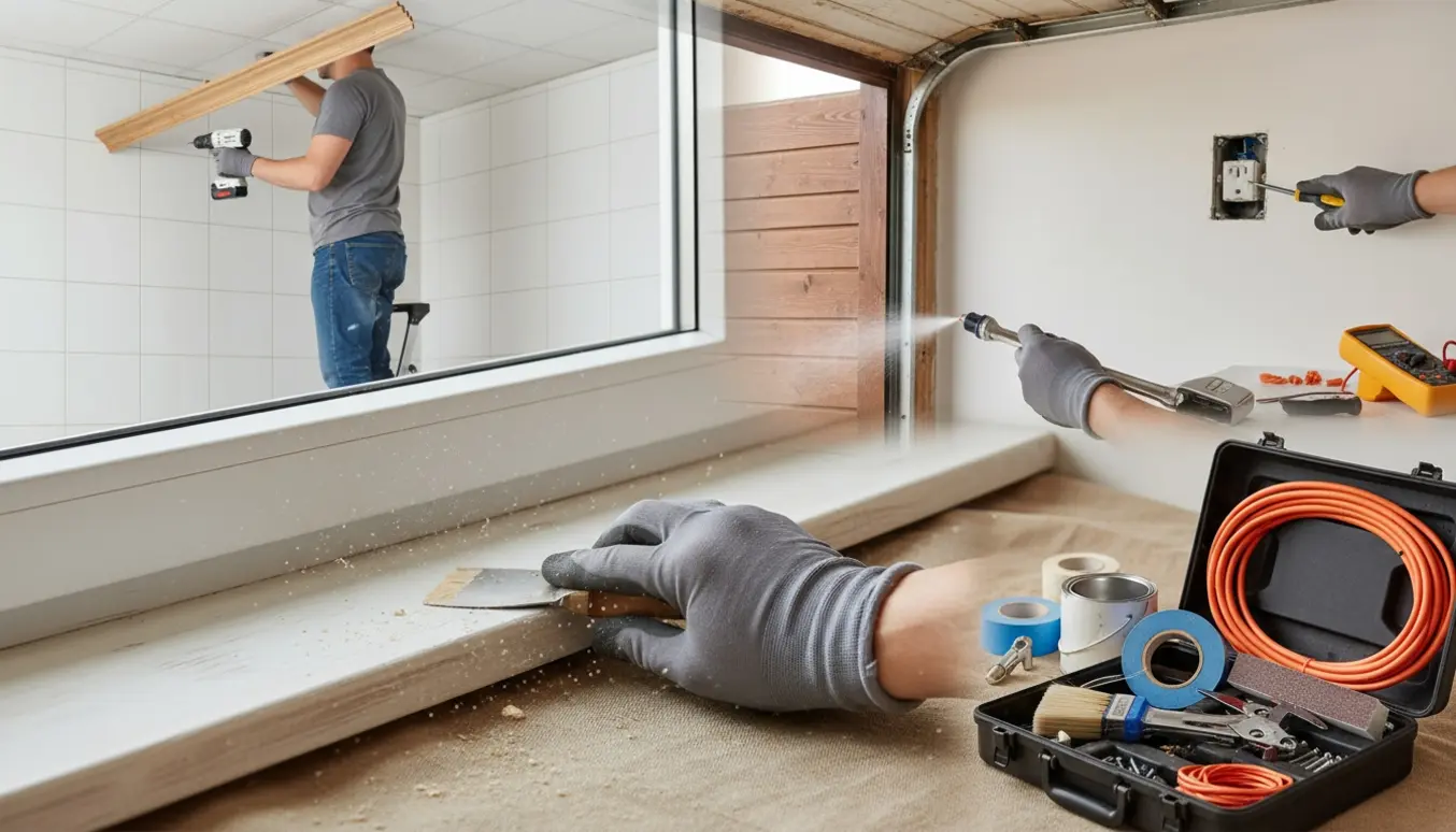 Hænder monterer trælister og reparerer vindueskarm, garageport og stikkontakt i et lyst, ryddeligt hjem.