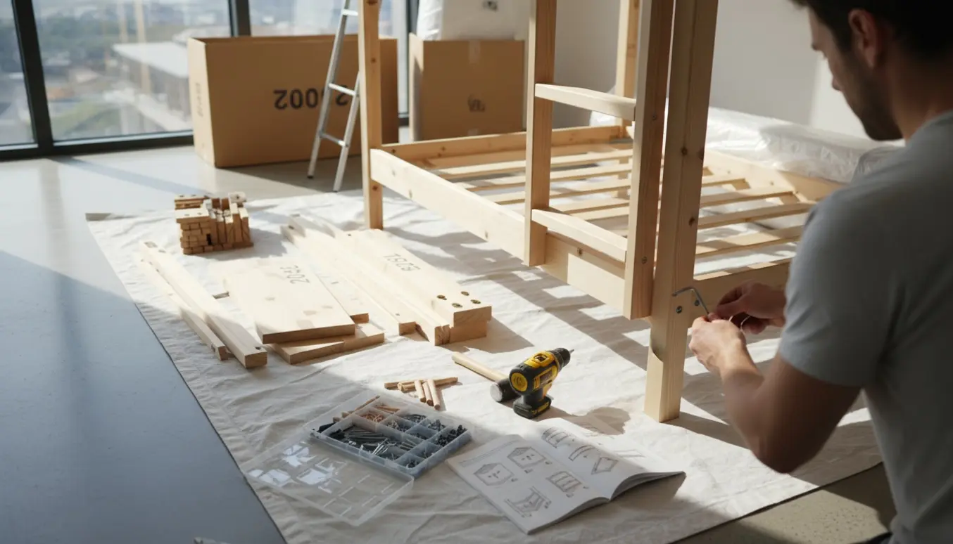 Delvist samlet køjeseng i et lyst værelse med flade pakker og værktøj, hænder spænder bolte med unbrakonøgle.