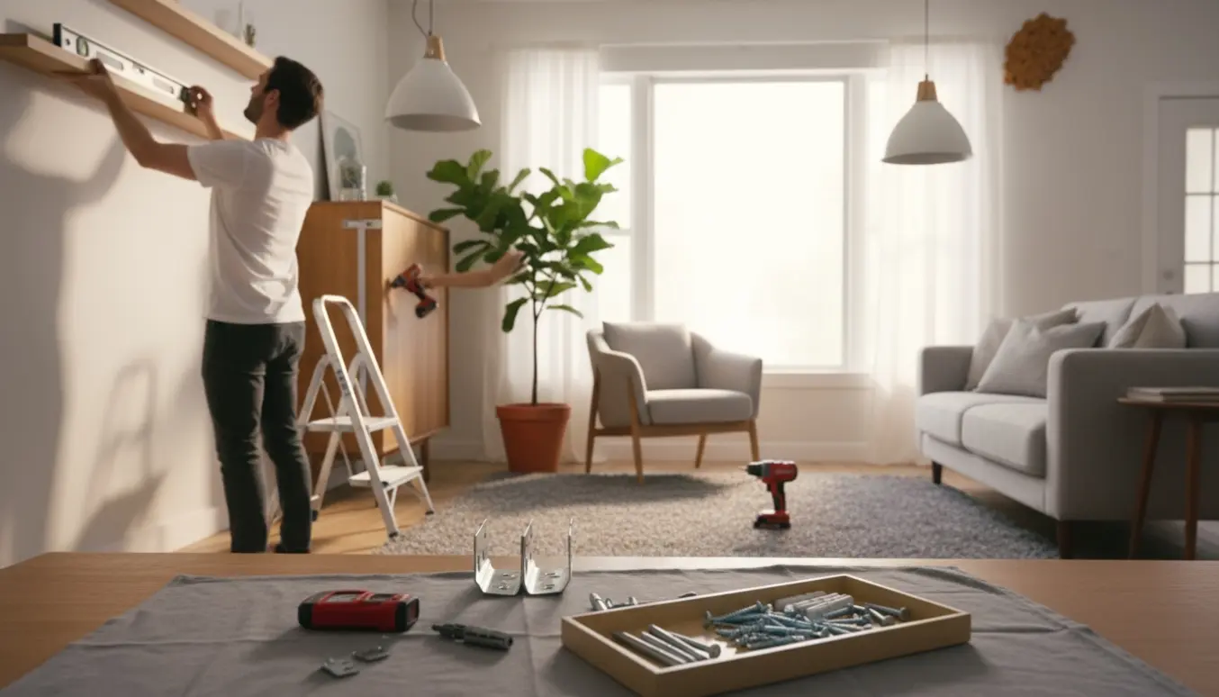 Håndværker monterer gardinskinne, hænger lampe op og fastgør møbler til væggen i en lys stue.