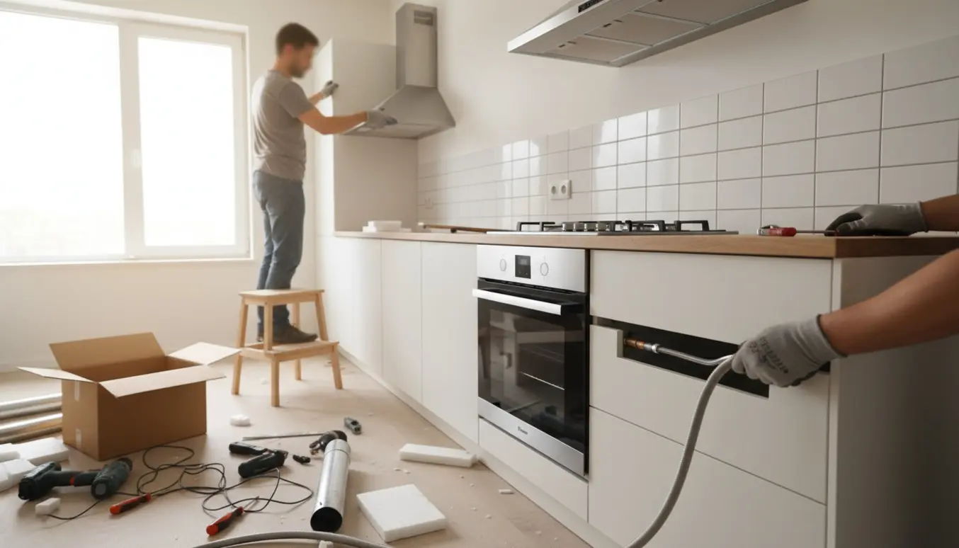 Installatør i et lyst, moderne køkken monterer gaskogeplade, ovn og emhætte.