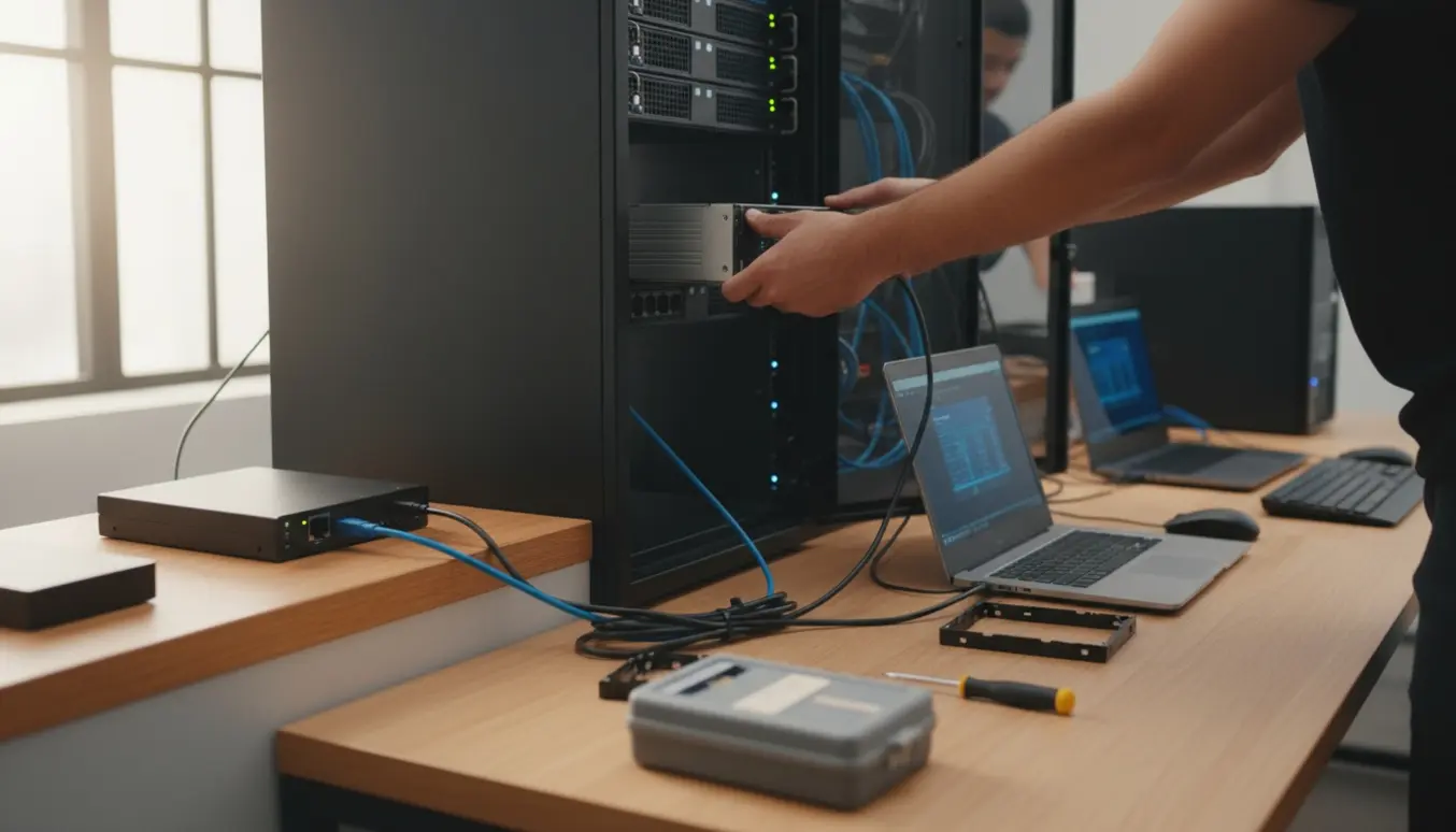 Teknikere udskifter en netværksserver og tilslutter to bærbare og en stationær PC i et lyst kontor.