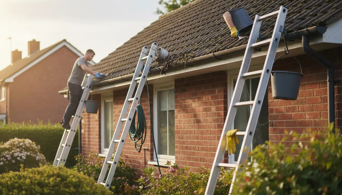 To personer med handsker på stiger renser tagrenderne på hver side af et etplansrækkehus med spande og værktøj.