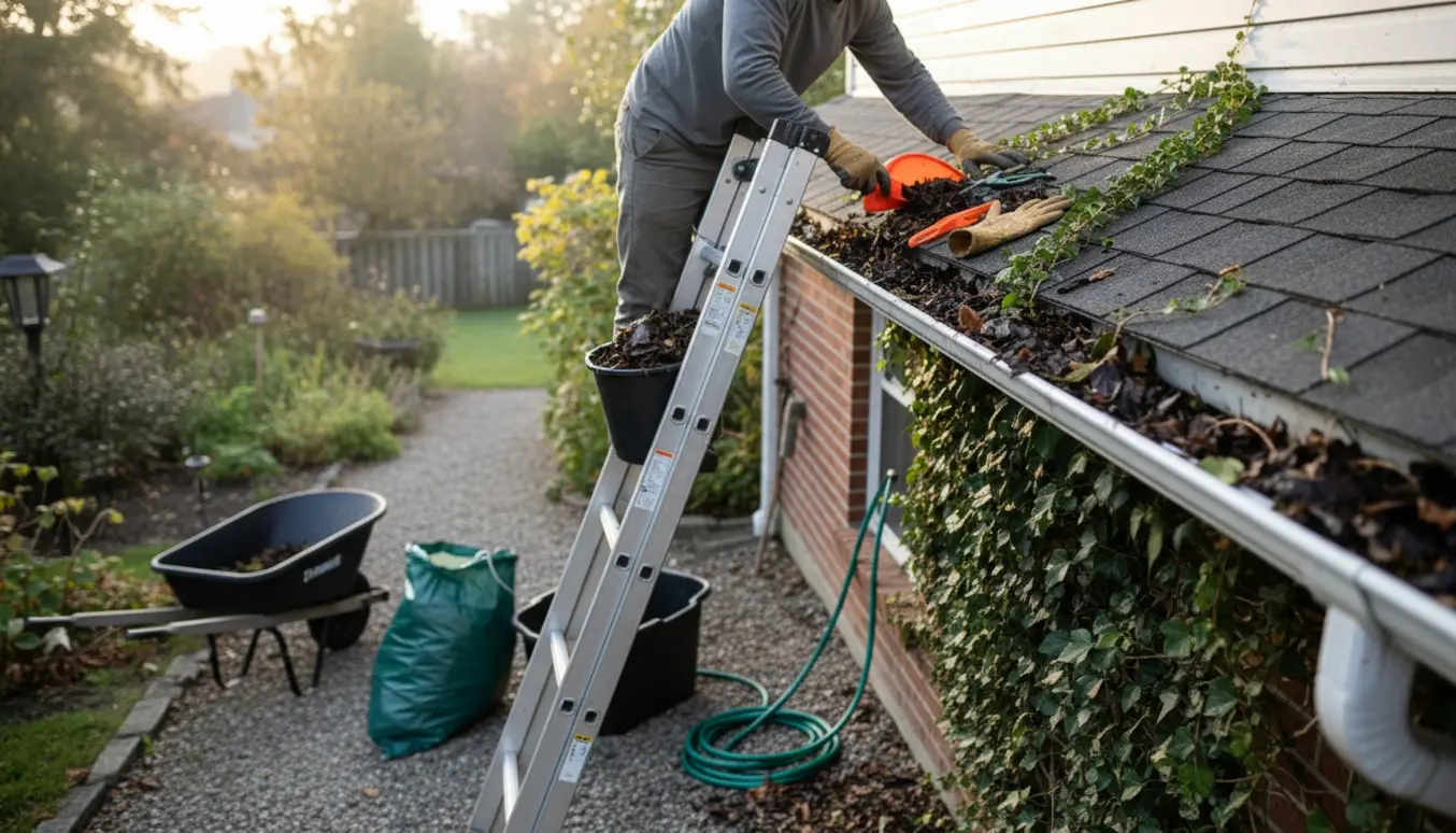 En person renser to tagrender på et enfamiliehus; den ene er ryddet, den anden er tilgroet med rådhusvin.