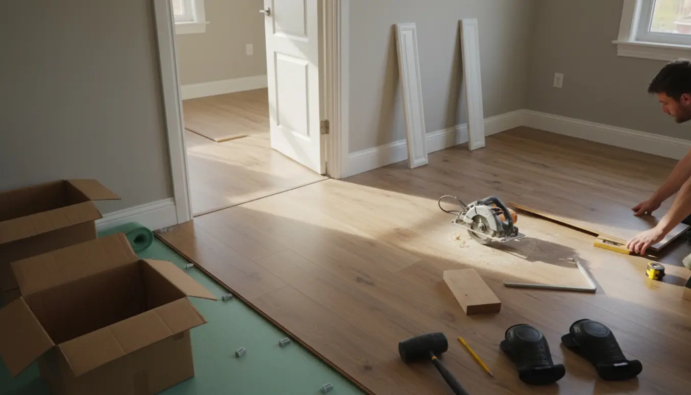 Solbelyst soveværelse og værelse med delvist lagt laminatgulv og værktøj på gulvet.