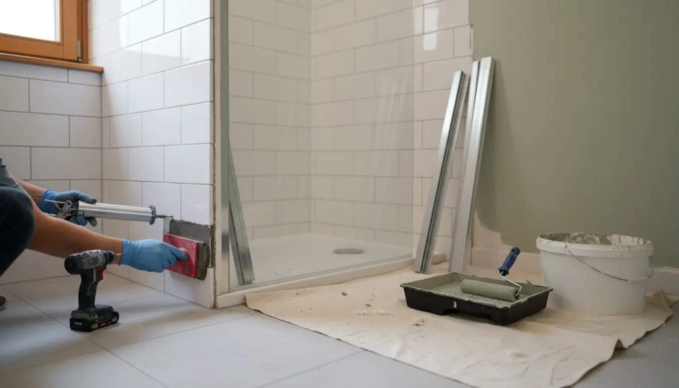Arbejdsområde i badeværelse med hænder, der retter fuger, monterer brusekabine og maler væggen.