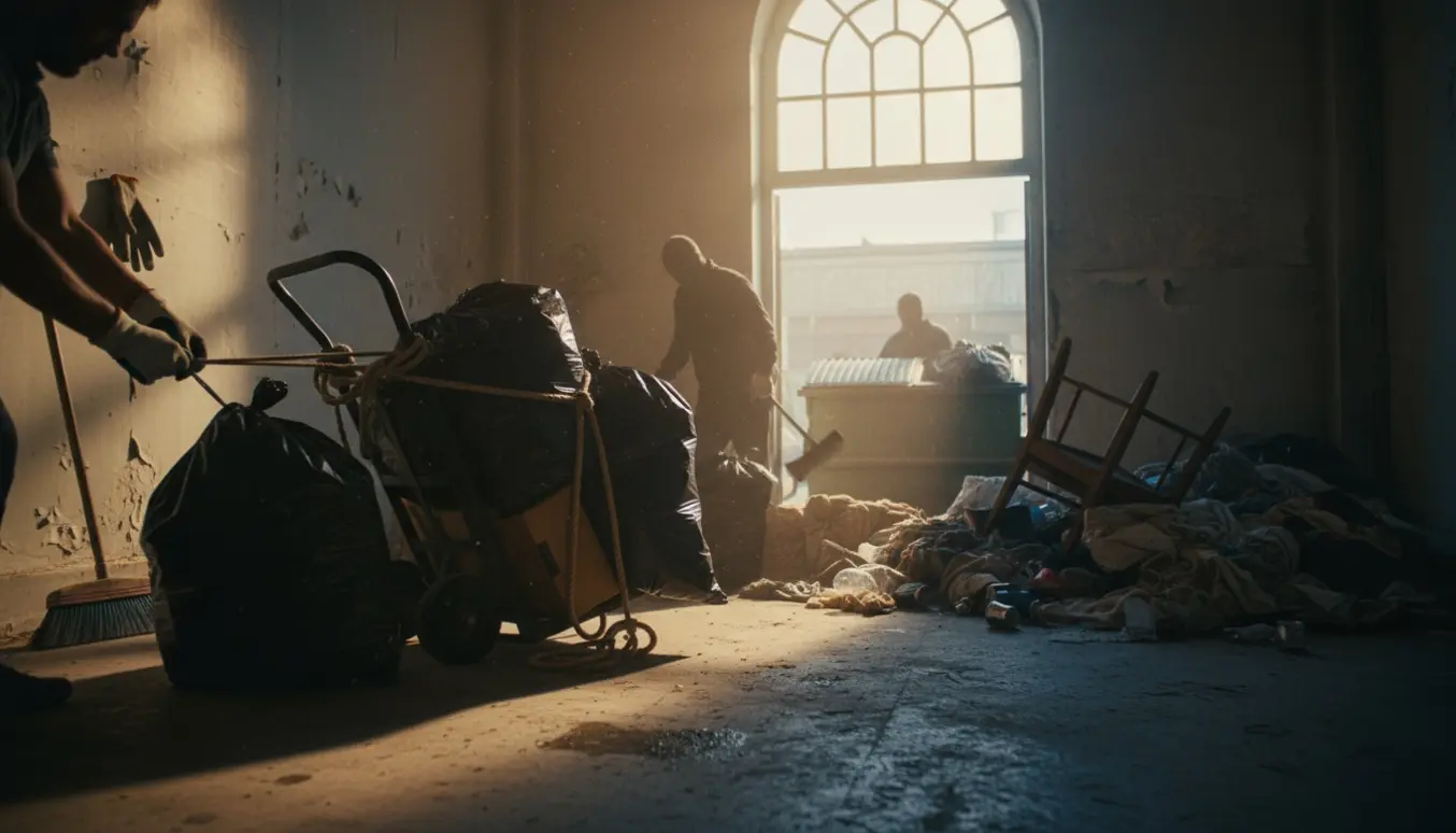 Handsker og fyldte skraldesække bæres fra et rum mod en stor åben container.