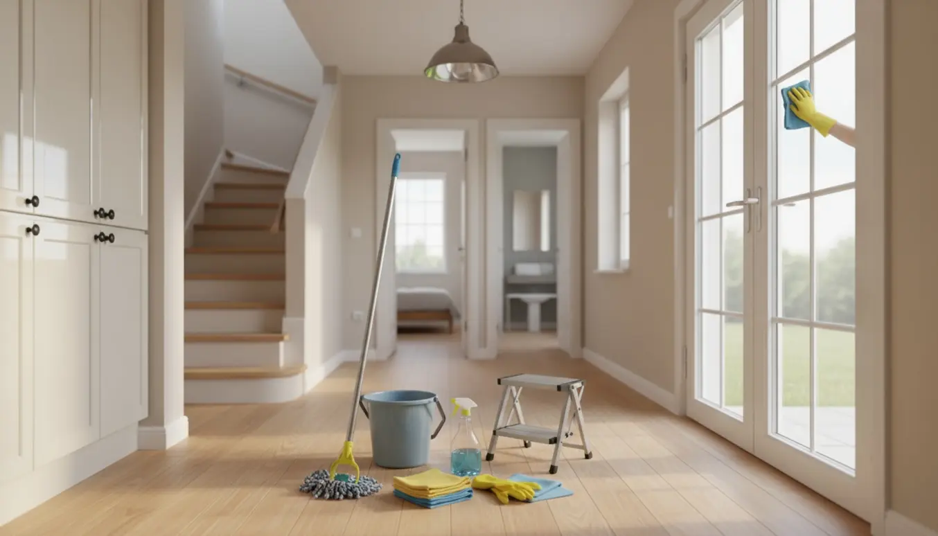 Rengøringsscene i en lys to-etagers bolig med pudsede franske døre og rengøringsudstyr.