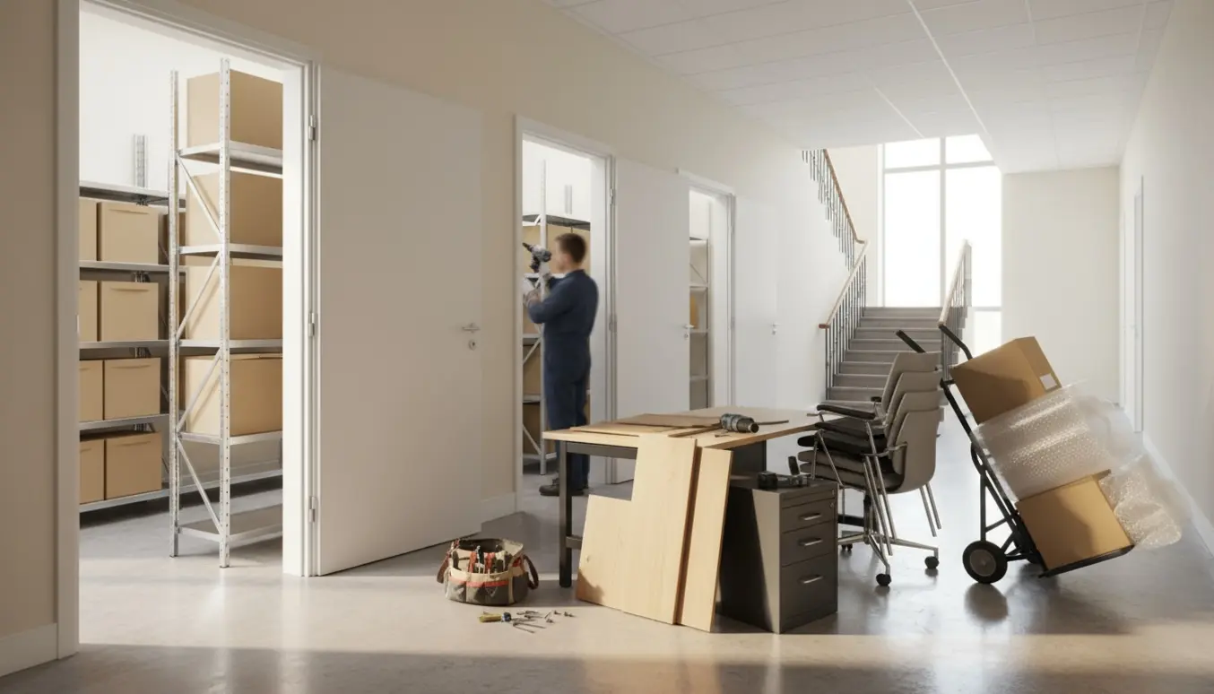 Kontorlokaler ryddes med stabler af møbler, flyttekasser og en person set bagfra, der monterer stålreoler i et arkivrum.