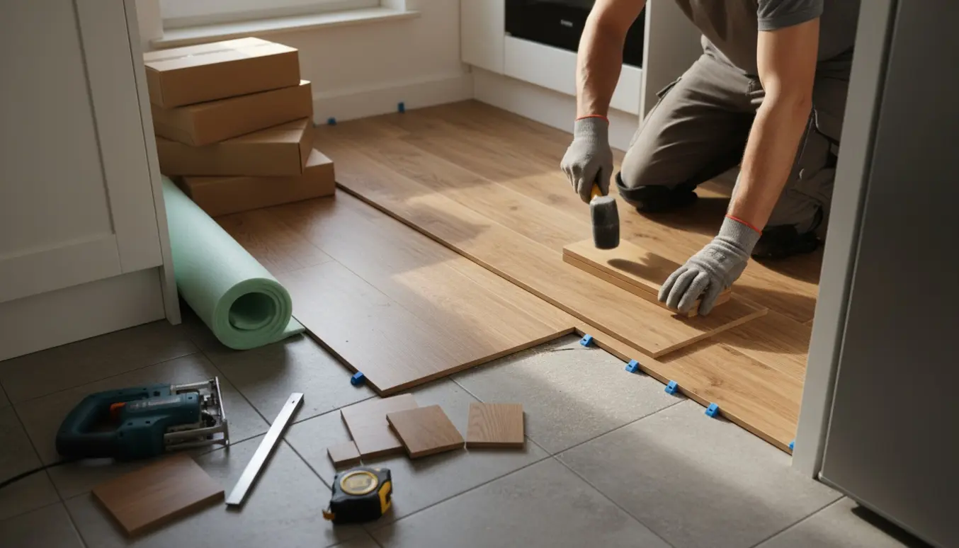 Delvist lagt klikgulv i et lille køkken, hvor en hånd retter en planke på plads med værktøj og materialer ved siden af.