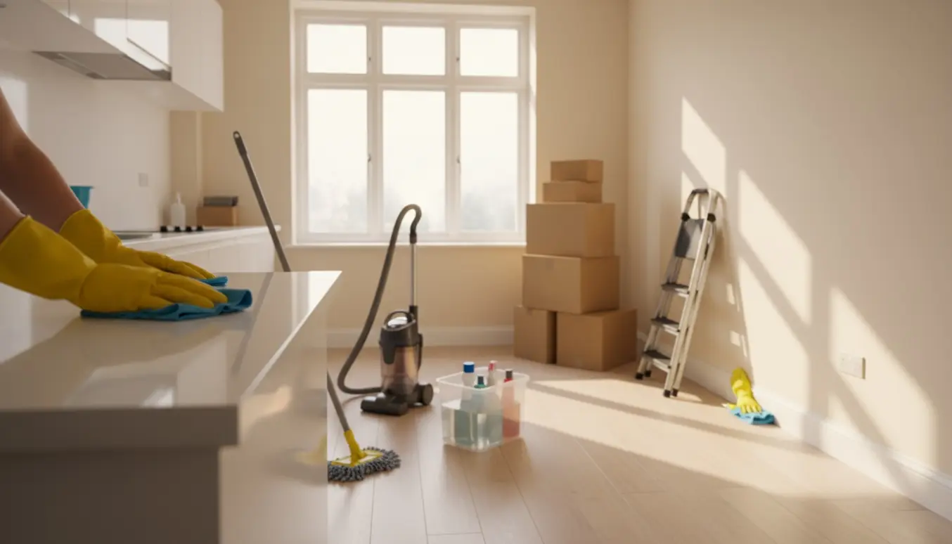 Hænder med gule rengøringshandsker vasker køkkenbord i et tomt rækkehus under flytterengøring.