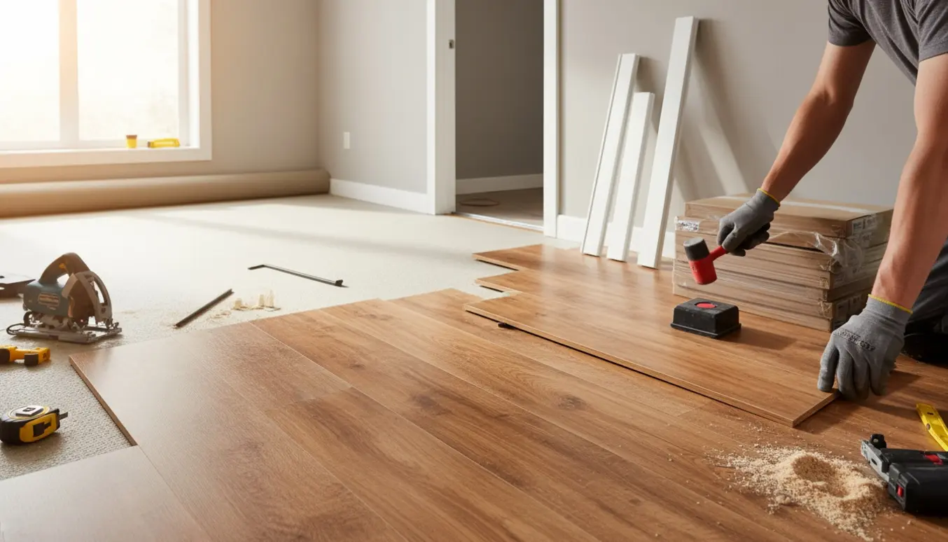 Detaljeret foto af montering af klikgulv med underlag, dørtærskel og lister i et lyst rum.