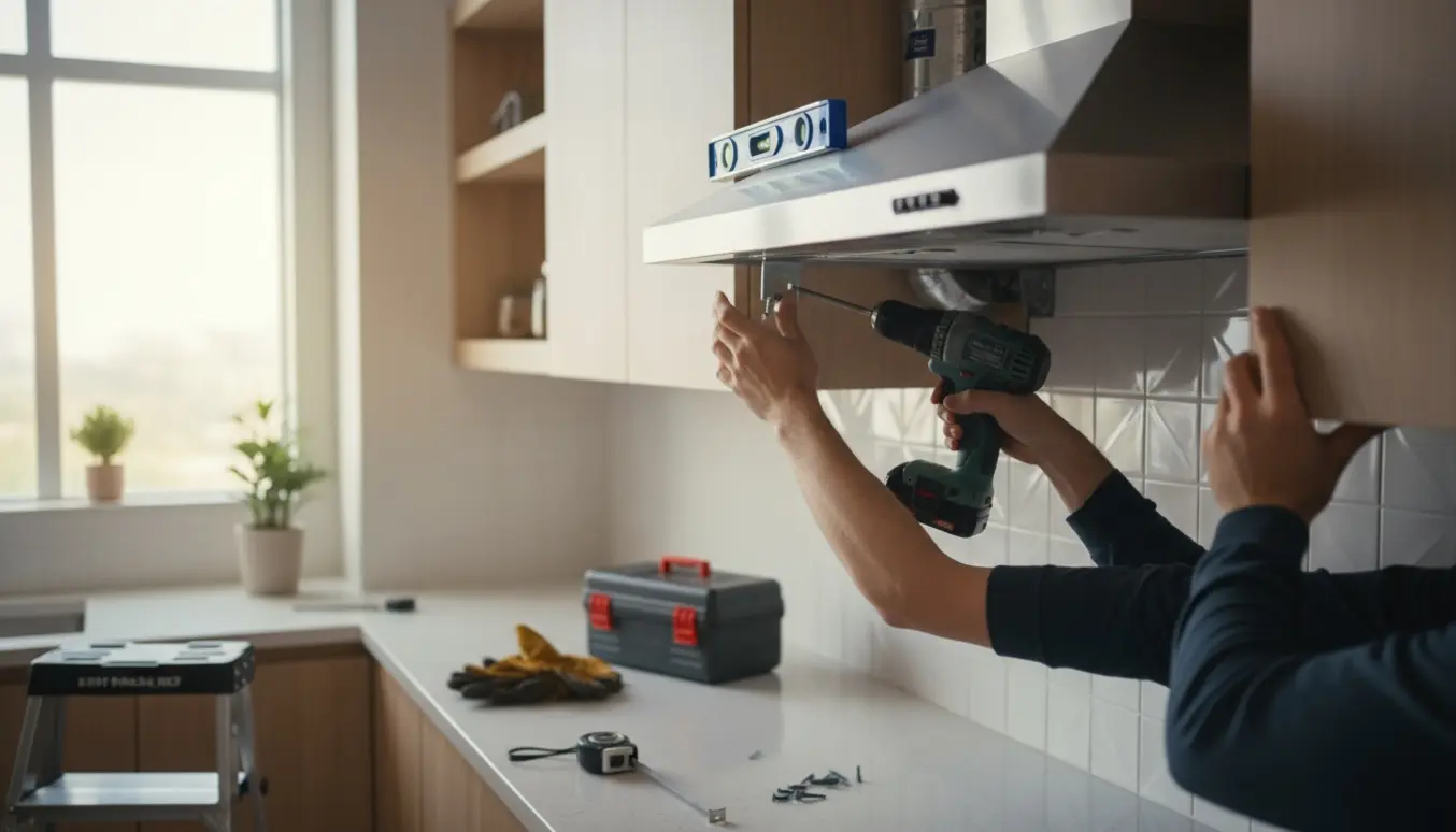 Nærbillede af to hænder, der monterer en rustfri emhætte i et lyst, moderne køkken med værktøj i forgrunden.