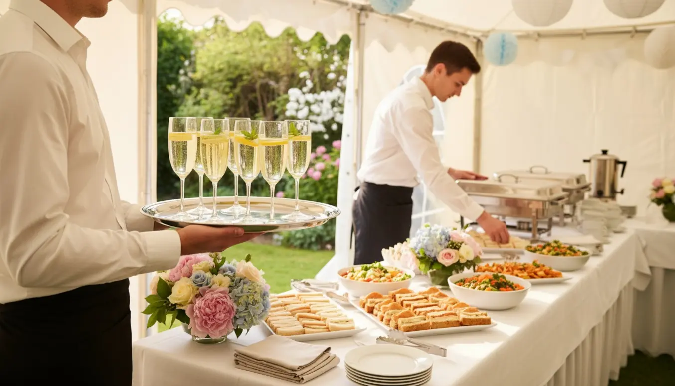 To tjenere serverer velkomstdrinks og dækker buffet i et have-telt til konfirmation.