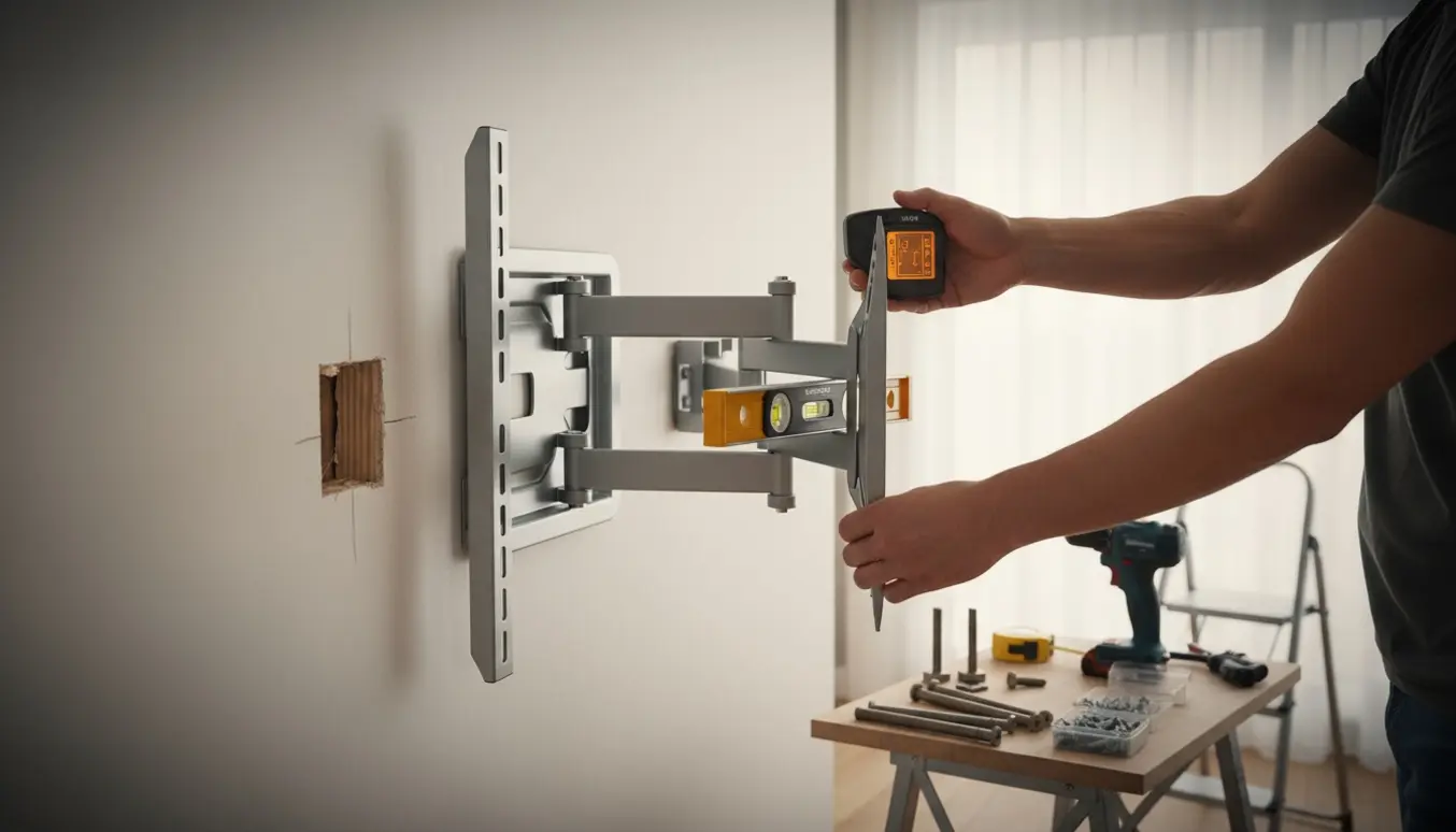 Nærbillede af montering af en stor fladskærm på et udtræks-vægbeslag med en stndfinder, der viser en vægstolpe bag gips.