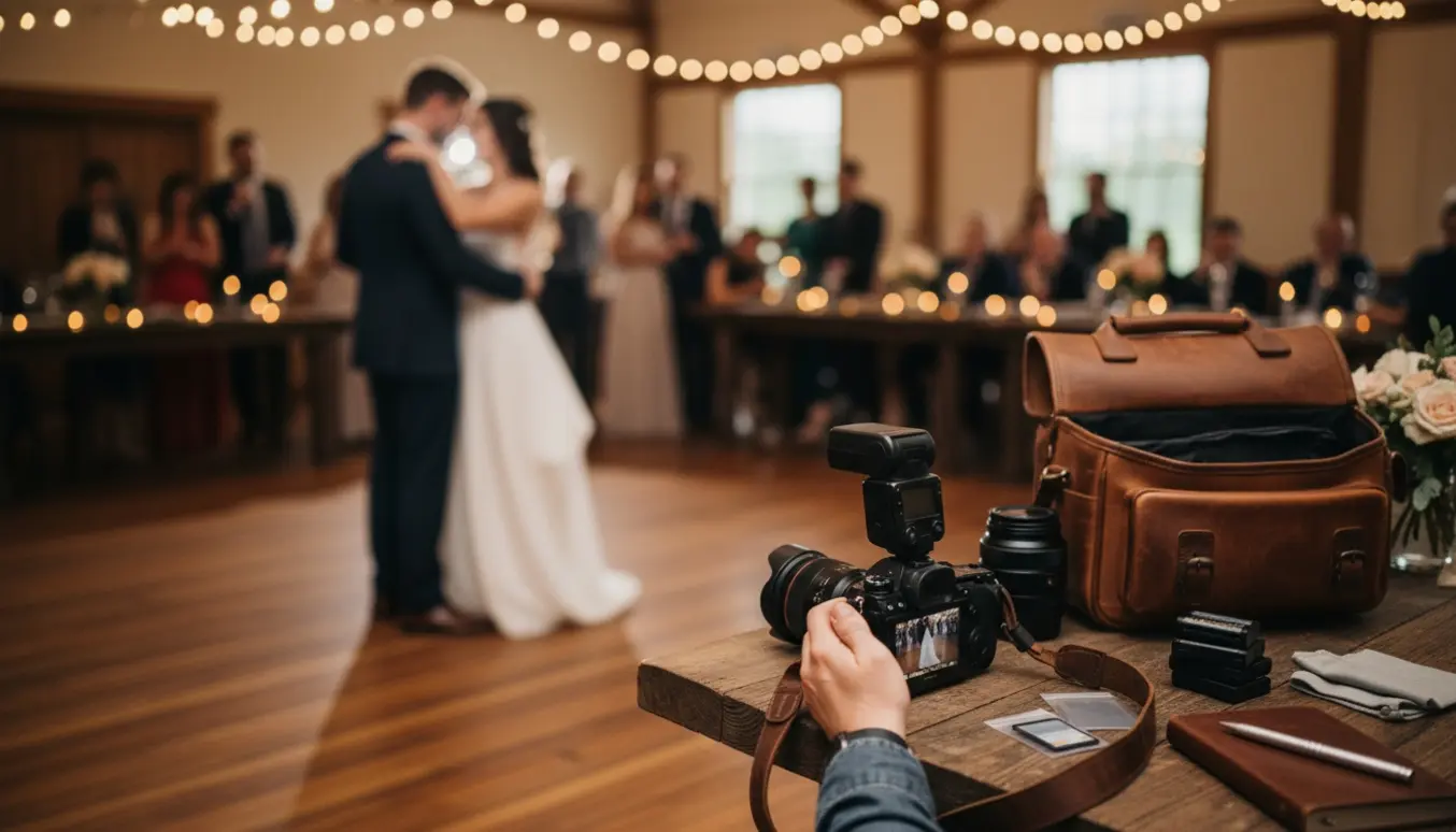 En bryllupsfotograf justerer kameraet med det slørede brudepar, der danser i baggrunden.