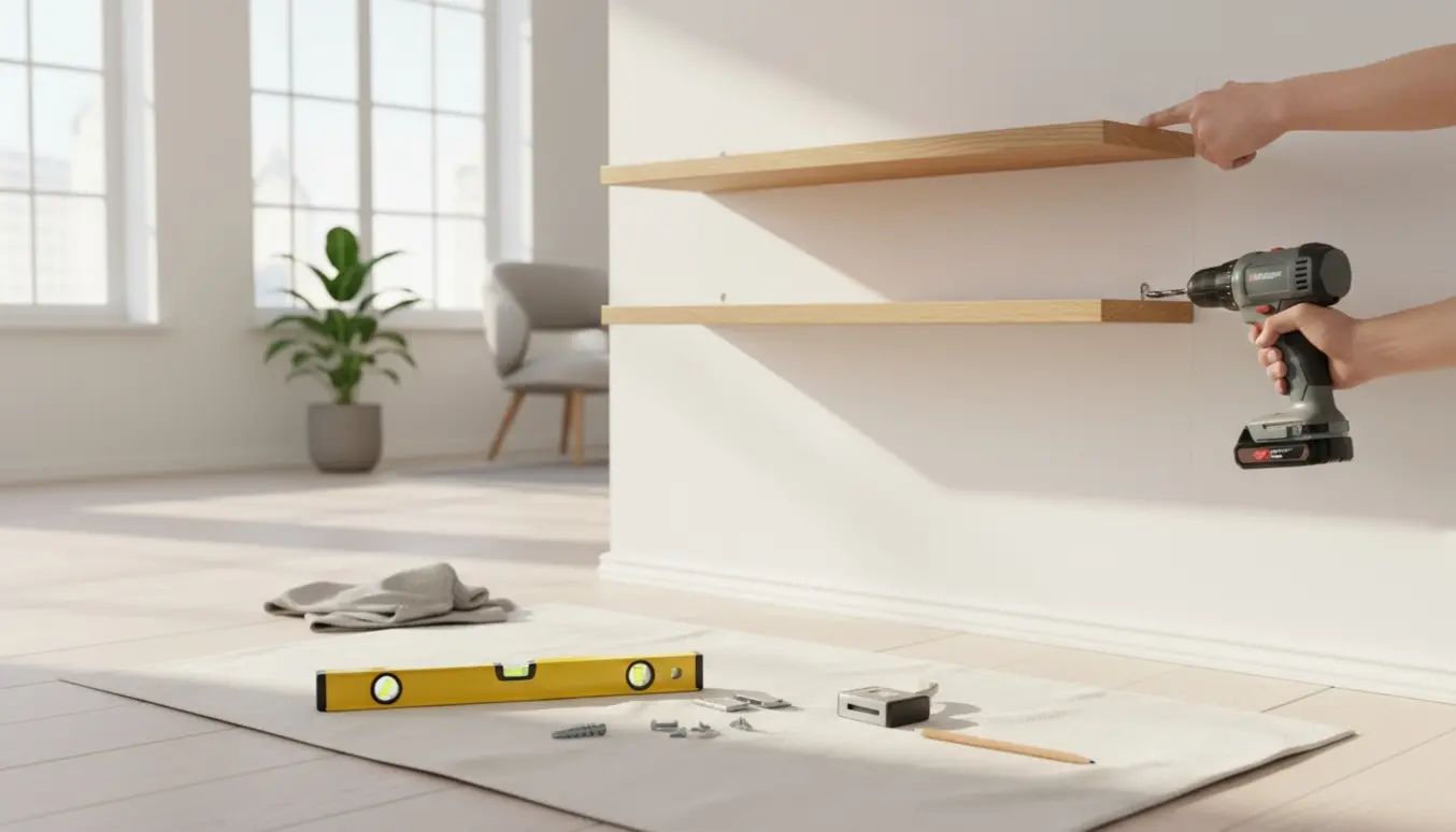 Tre små flydende hylder monteres på en lys væg med skruemaskine, vaterpas og rawlplugs i forgrunden.