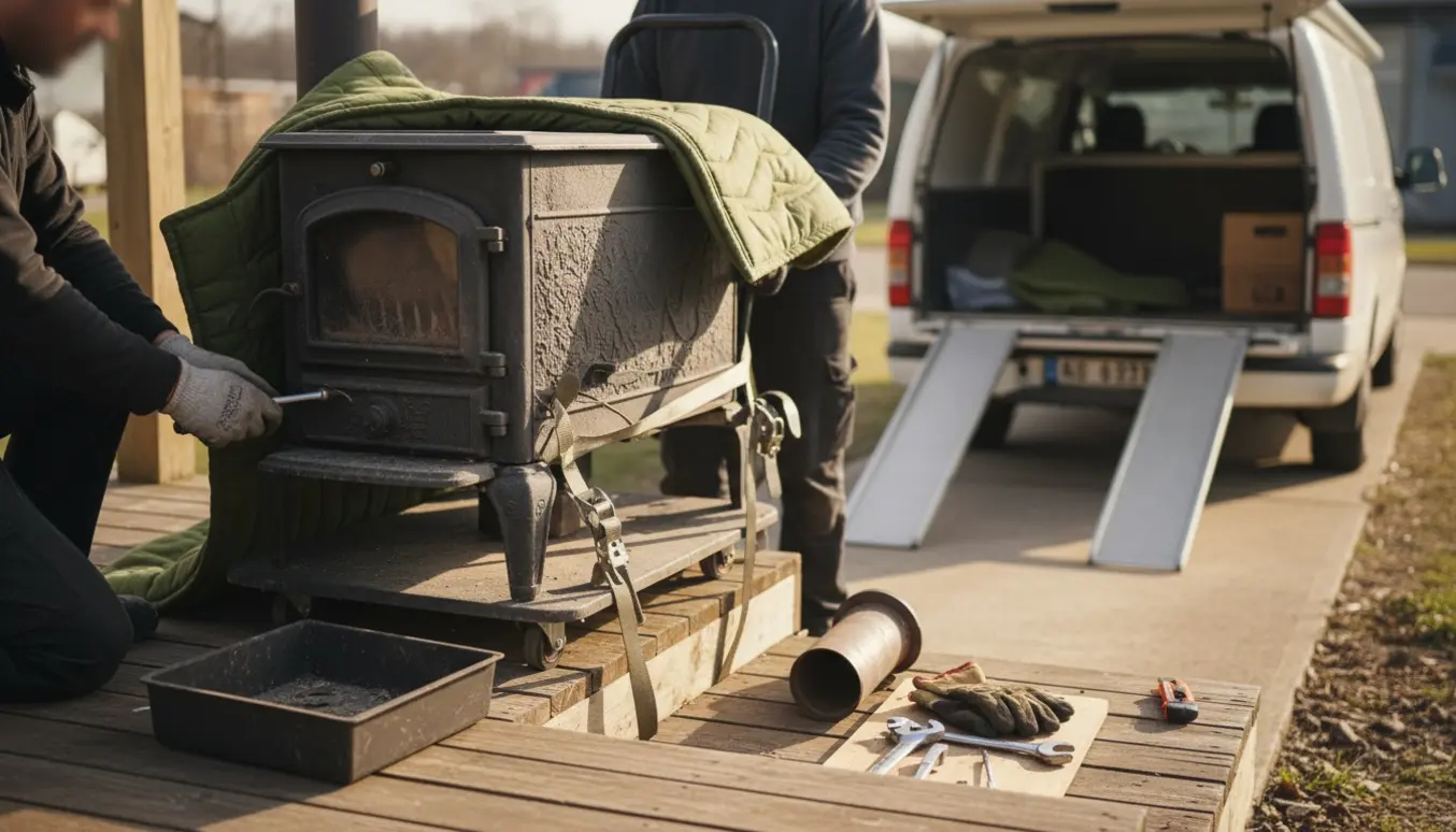 Delvist adskilt brændeovn bæres ned ad fem trapper mod en varebil med løftevogn og værktøj.