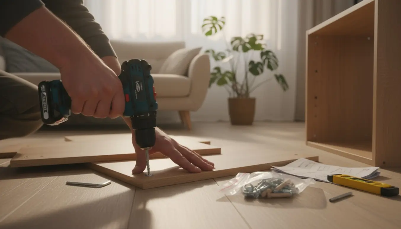 Hænder samler et fladt pakket skab med boremaskine og løse beslag i et lyst rum.