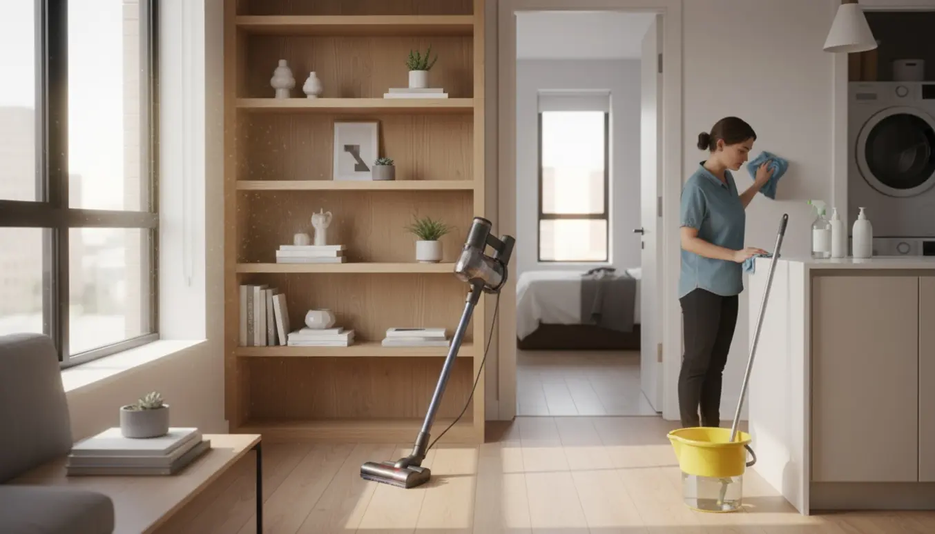 Person gør rent i en moderne lejlighed med støvsuger, moppe og mikrofiberklud, ansigt er ude af billedet.