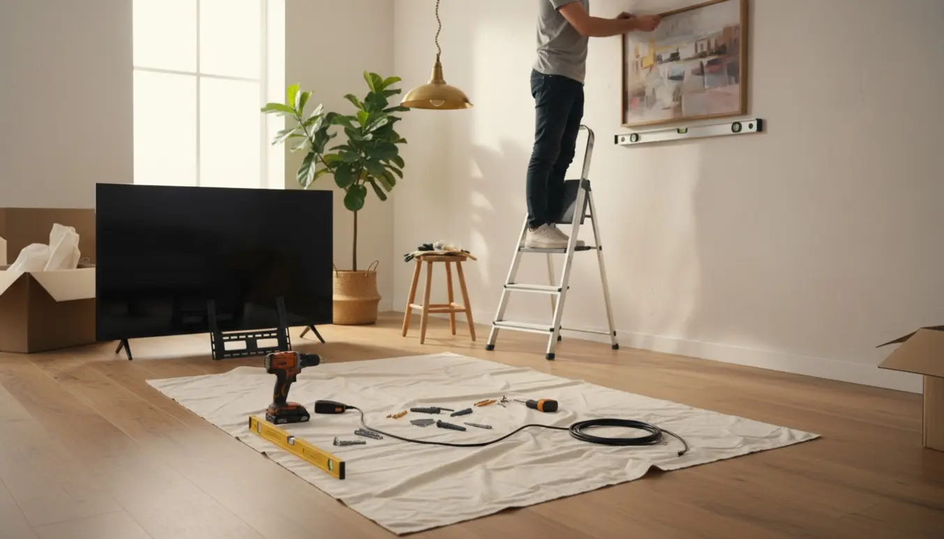 Hænder på en stige monterer et billede og en lampe i en solbelyst stue med værktøj på gulvet.