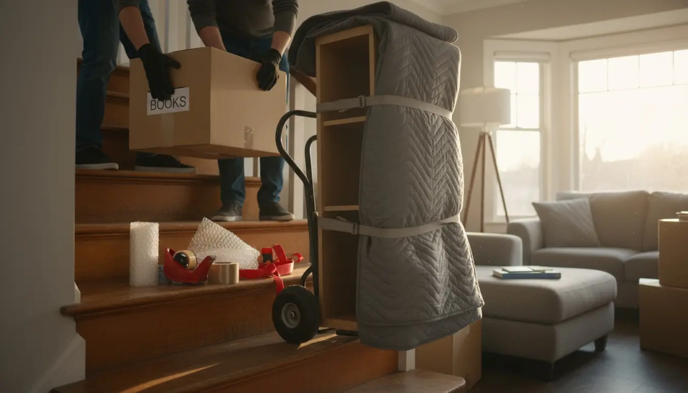 Flytning fra 2. sal til stuen med emballerede kasser og møbler på trapperne.