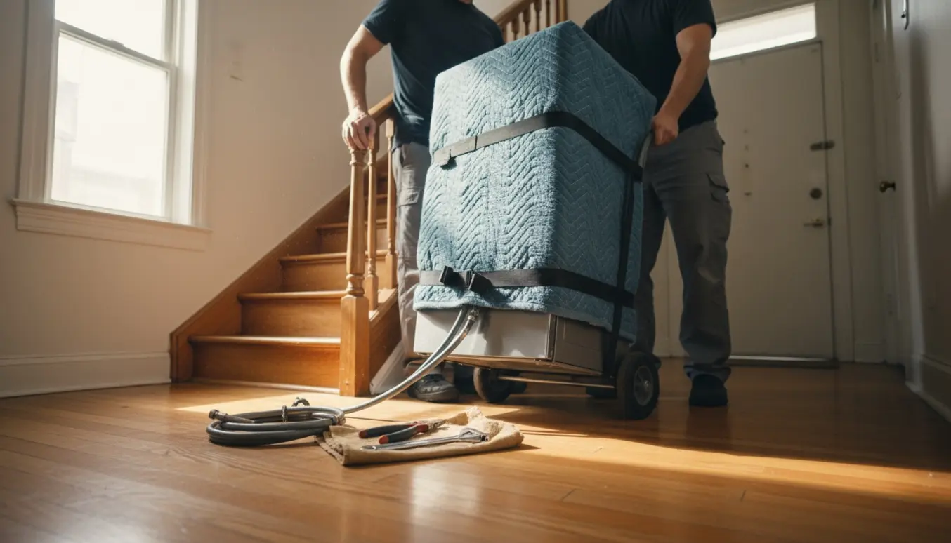 To personer bærer en smal opvaskemaskine ned ad trappen fra en lejlighed, med værktøj og afmonterede slanger ved køkkenet.