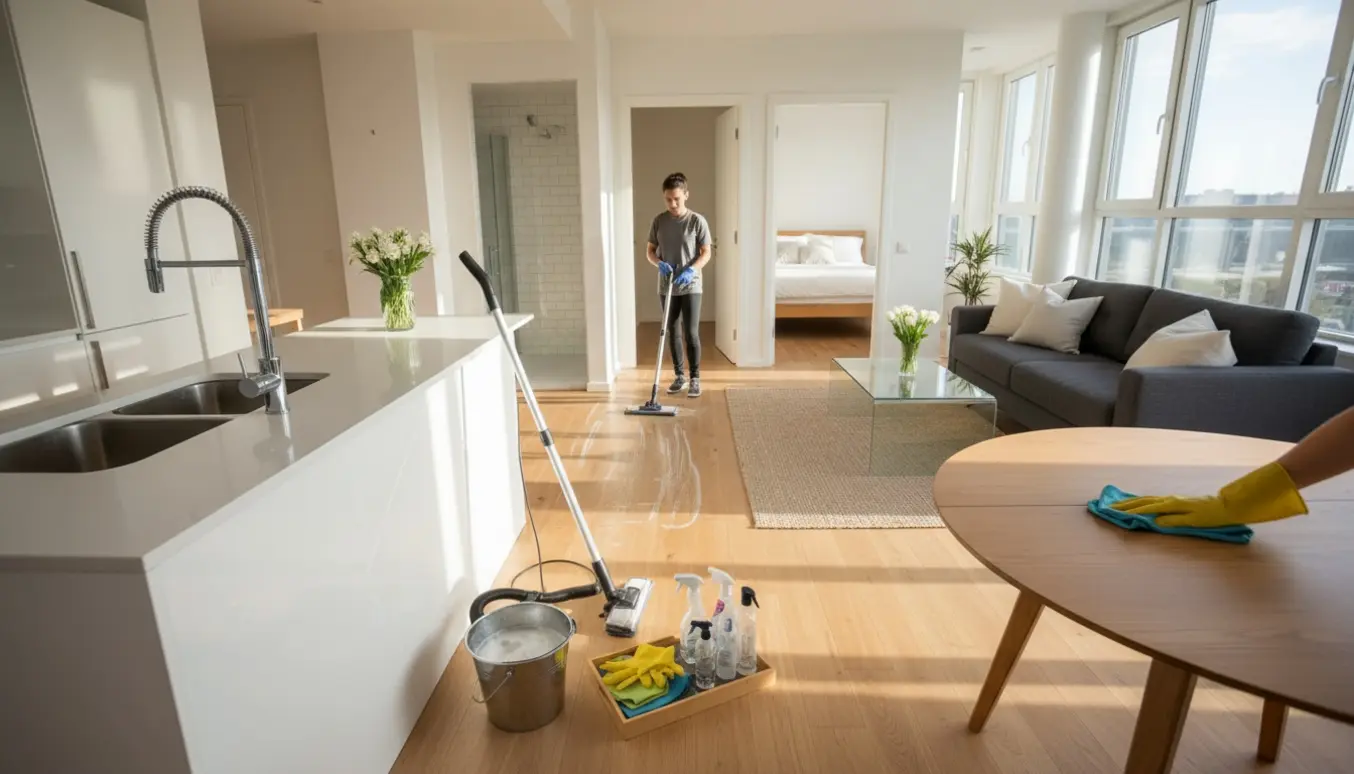 Møbleret lejlighed under grundig hovedrengøring med rengøringsudstyr og naturligt dagslys.