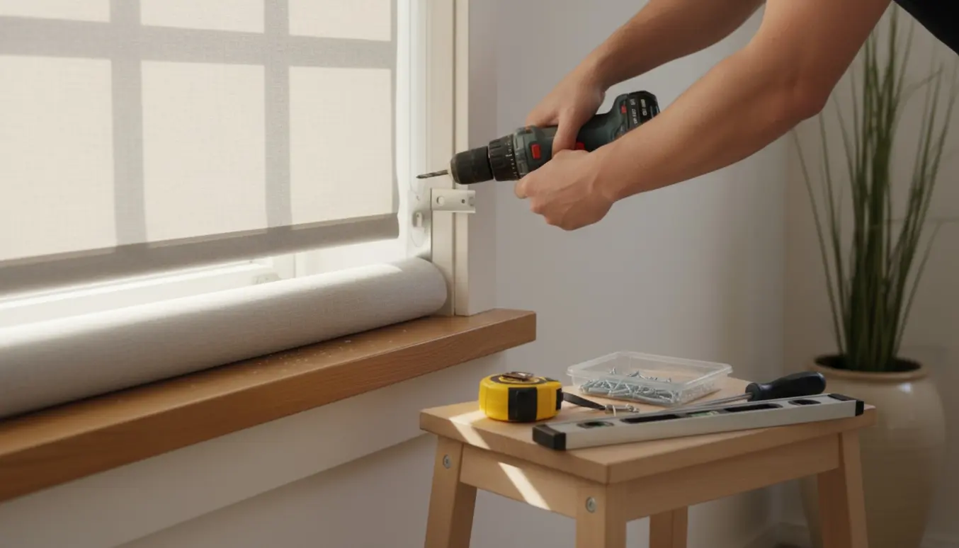 Nærbillede af hænder, der monterer et rullegardin i en lys vindueskarm med boremaskine og værktøj.