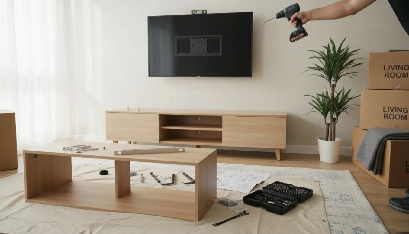 Håndværker monterer et TV og samler et TV-bord i en moderne stue med flyttekasser.