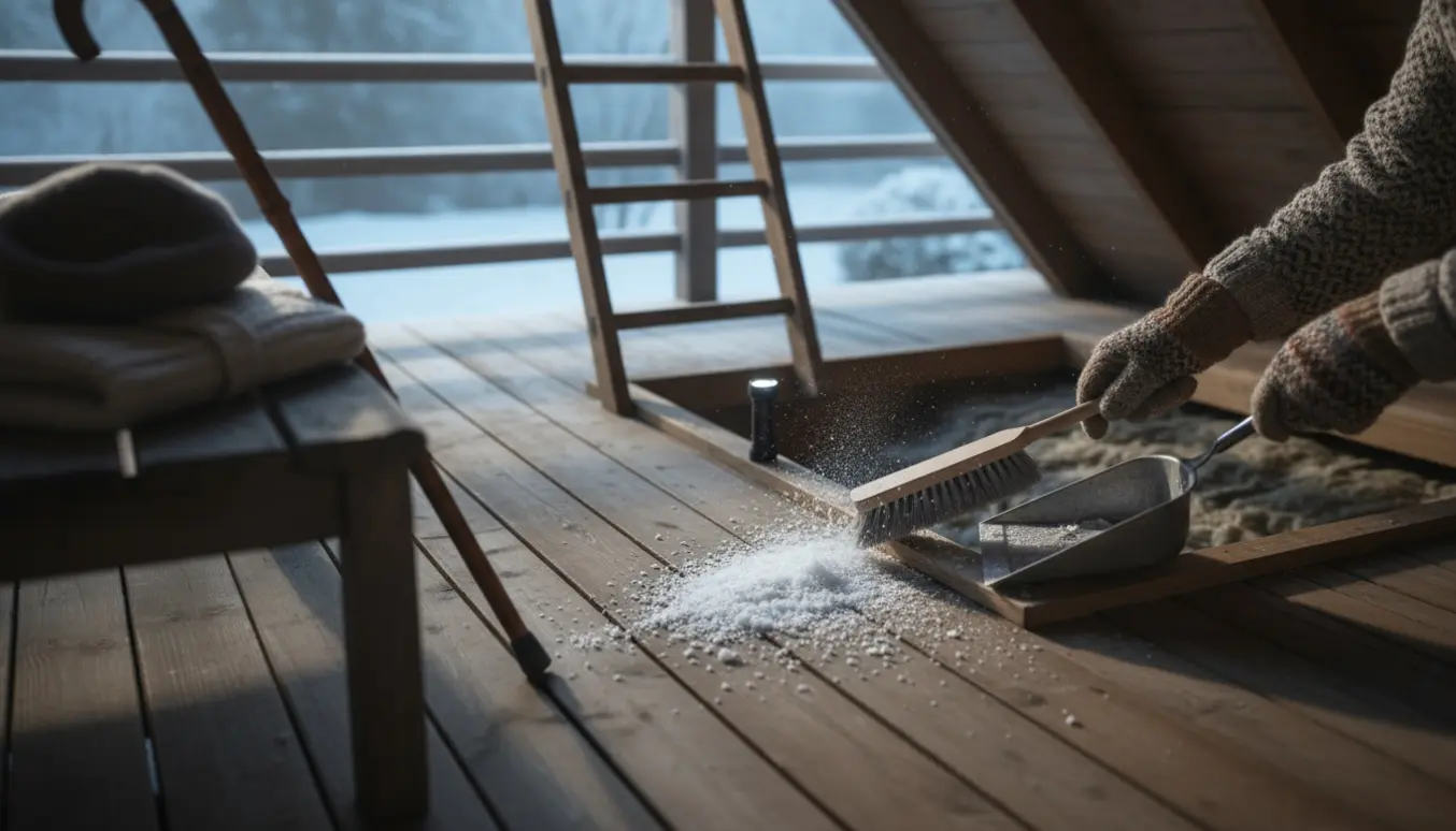 Åben loftslem på terrassen med handskerede hænder, der fejer fygesne ud af loftet med kost og skovl.