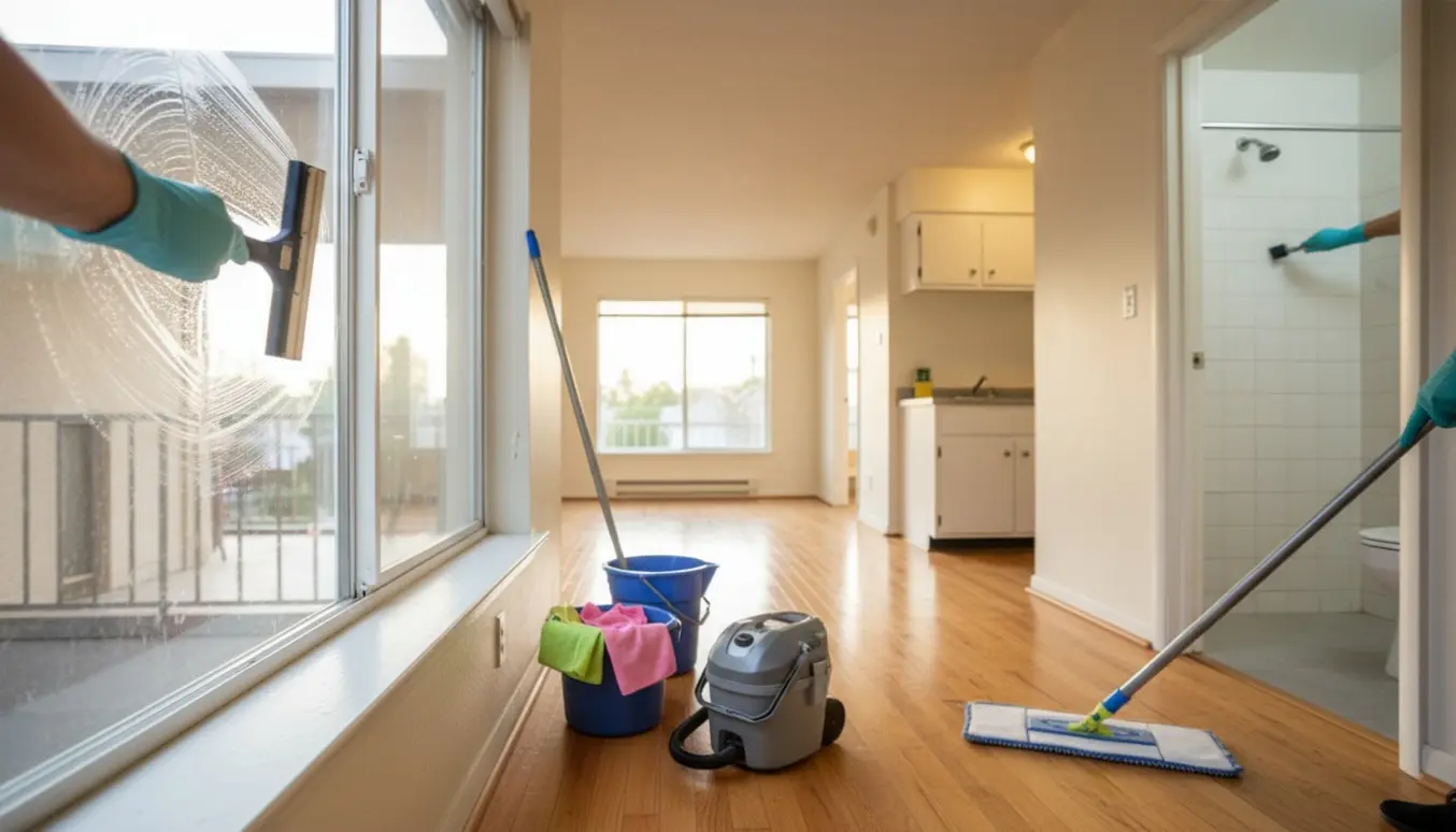 Hånd pudser vindue og moppe gulv i lyst ældre lejlighed klar til flyttesyn.