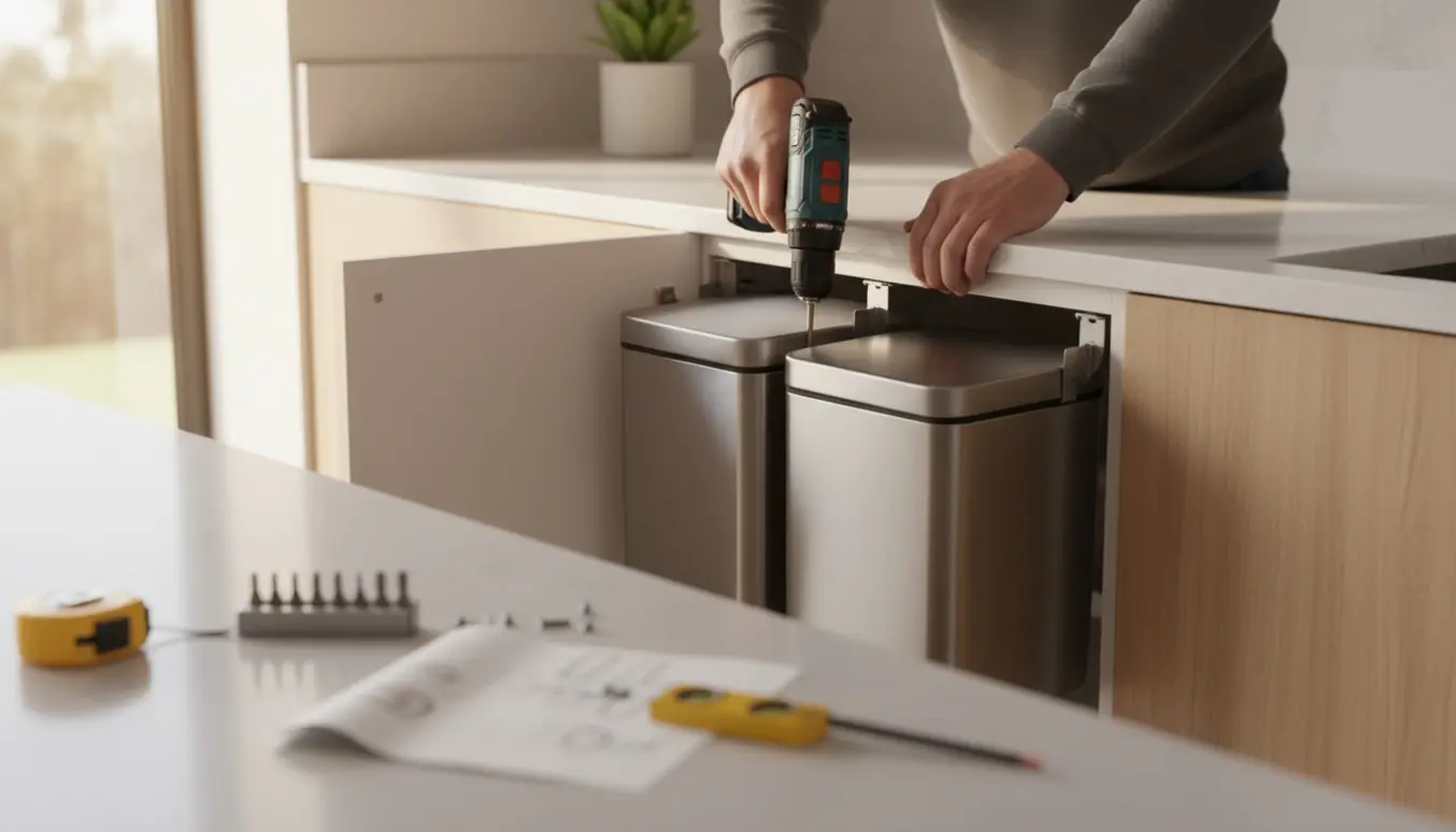 To rustfri skraldespande monteres på indersiden af en køkkenlåge, en person strammer skruer med en boremaskine.