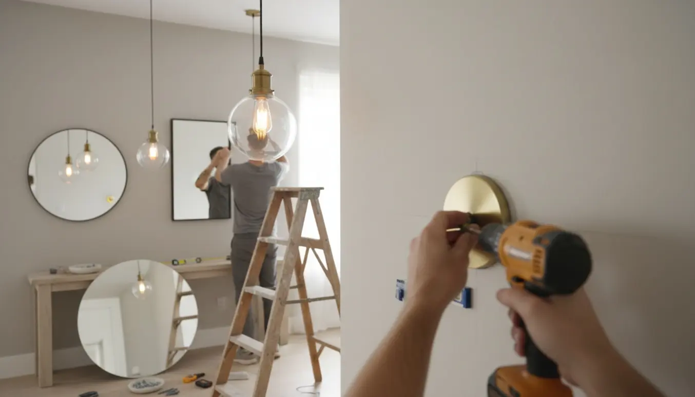 En entré hvor tre pendellamper hænges op, og to spejle monteres med værktøj synligt.