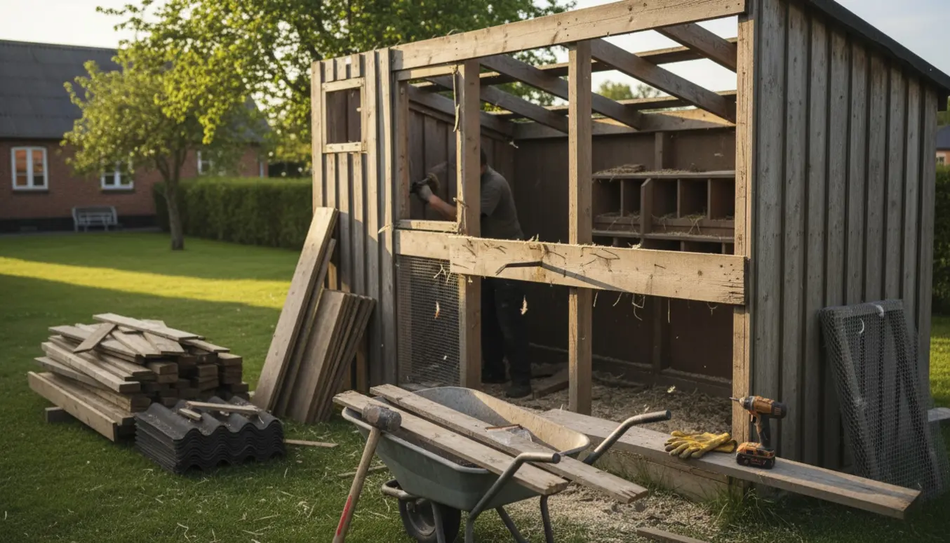 Delvist nedrevet hønsehus i en lille dansk landsbyhave med værktøj og stablede brædder.