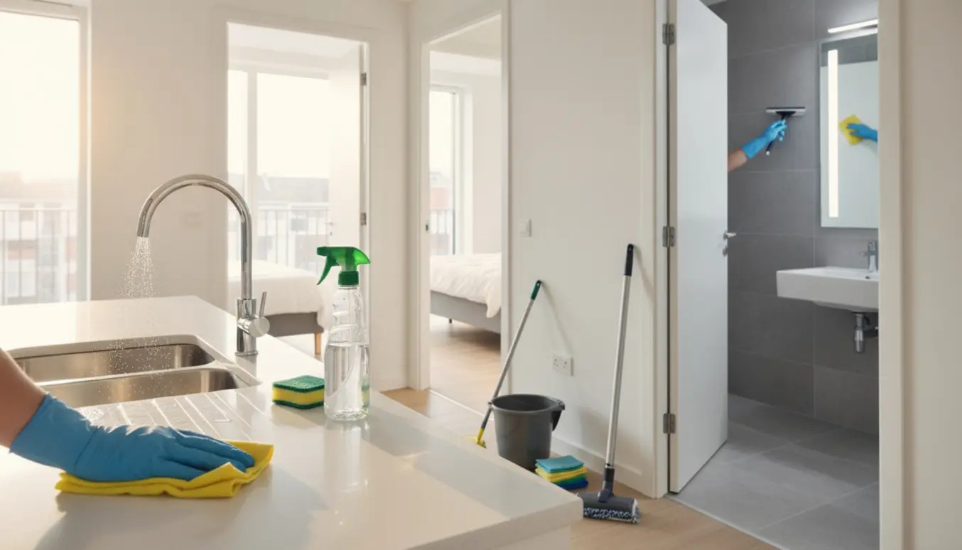 Rengøringsudstyr og en handske på et nyrengjort køkkenbord med badeværelse og værelser synlige i baggrunden.