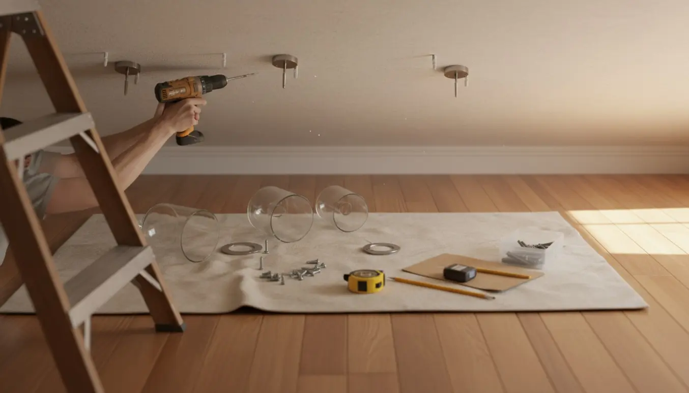 Hænder borer huller i loftet for montering af tre loftslamper med stige og værktøj på gulvet.