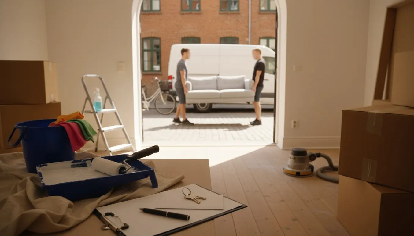 Flytte- og fraflytningsrengøring i gårdhus med flyttekasser, nøgler og rengøringsudstyr i varmt sommerlys.